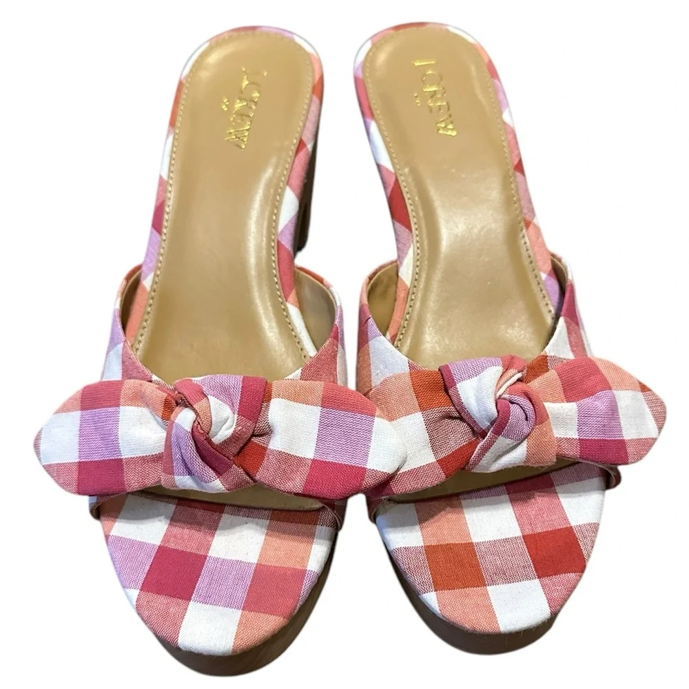 J.CREW pink plaid gingham bow open toe slip on wooden sole chunky heel sz 9 NWOT - Picture 2 of 8
